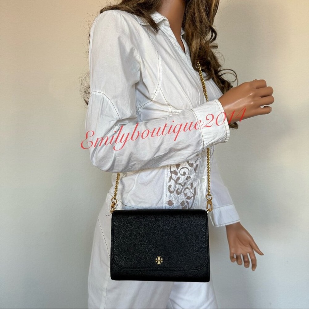 NWT Tory Burch 136093 Emerson Chain Wallet Saffiano Leather Black Messenger Bag